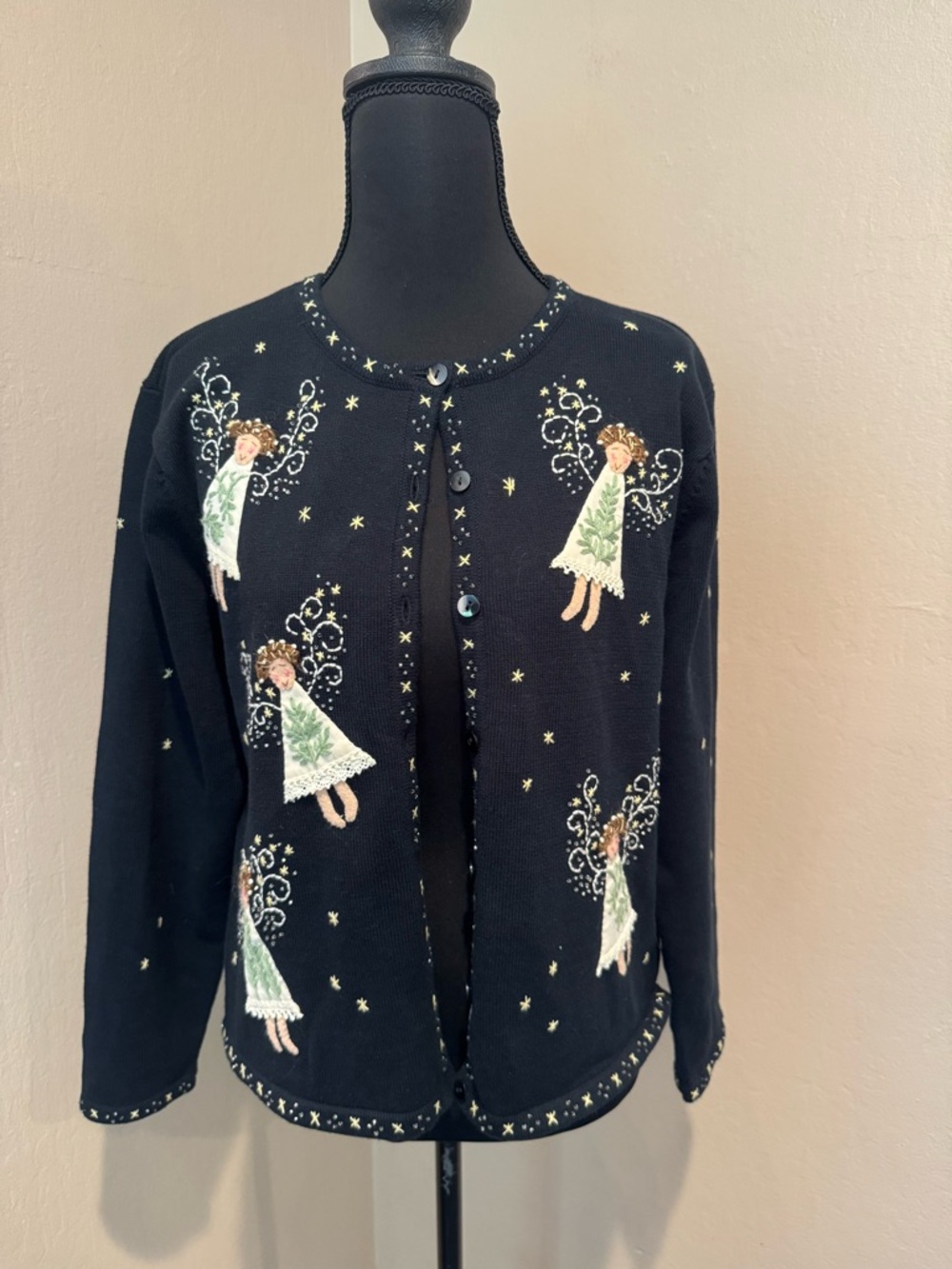 Talbots Black Cardigan with Heavenly Angels and Embroidered Yellow Stars/Beads